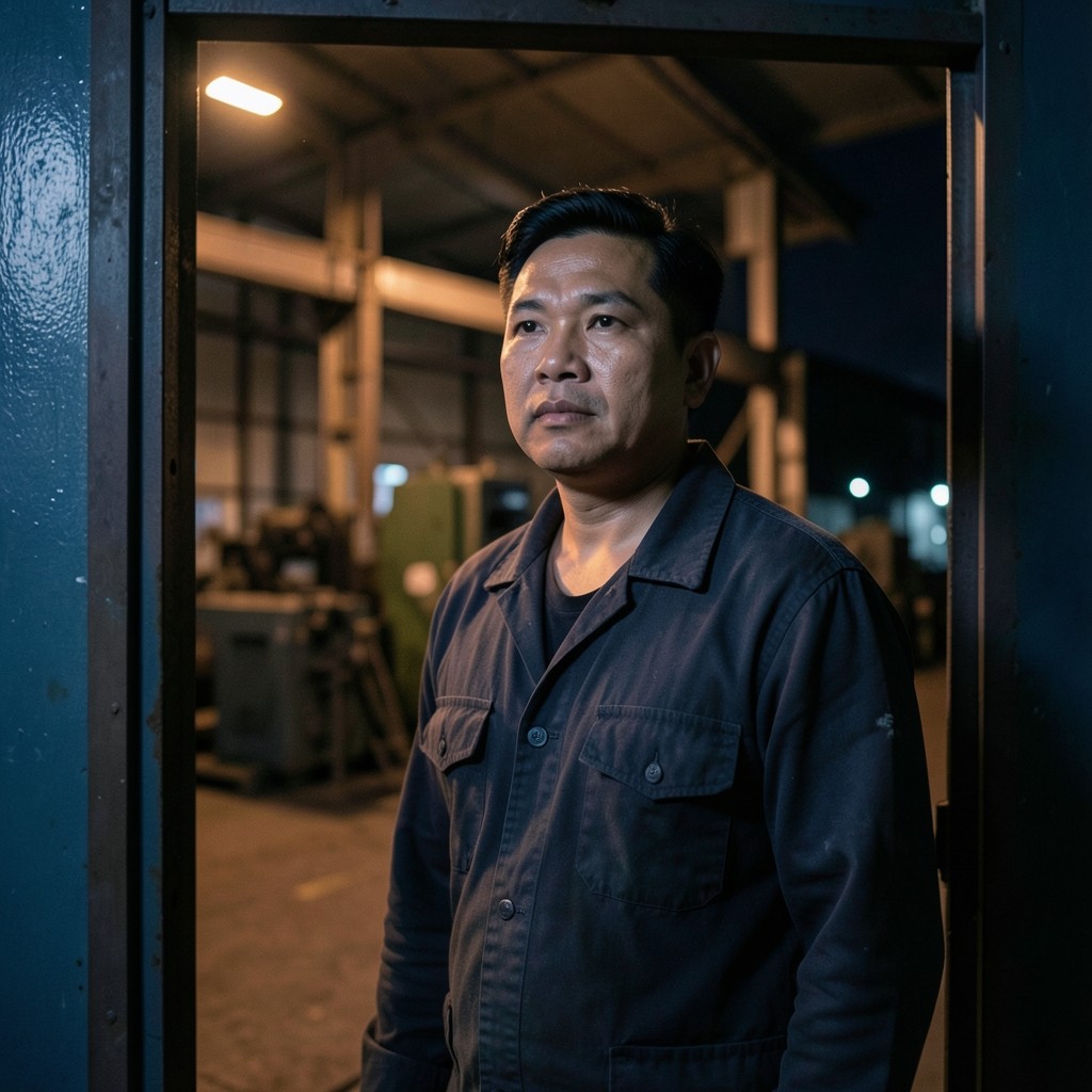 Portrait of a Thai man in his thirties in a work jacket at a factory doorway at night