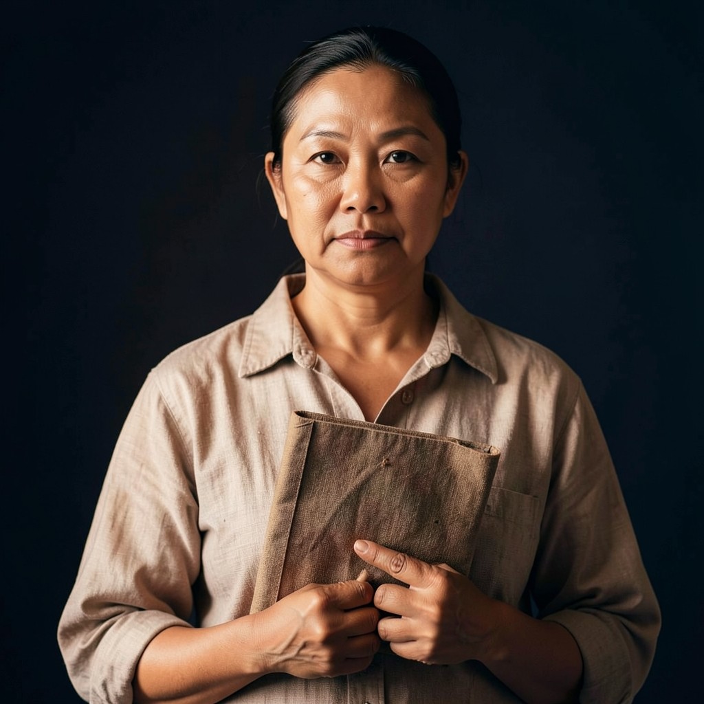 Portrait of a Thai woman in her forties holding a closed cloth folio