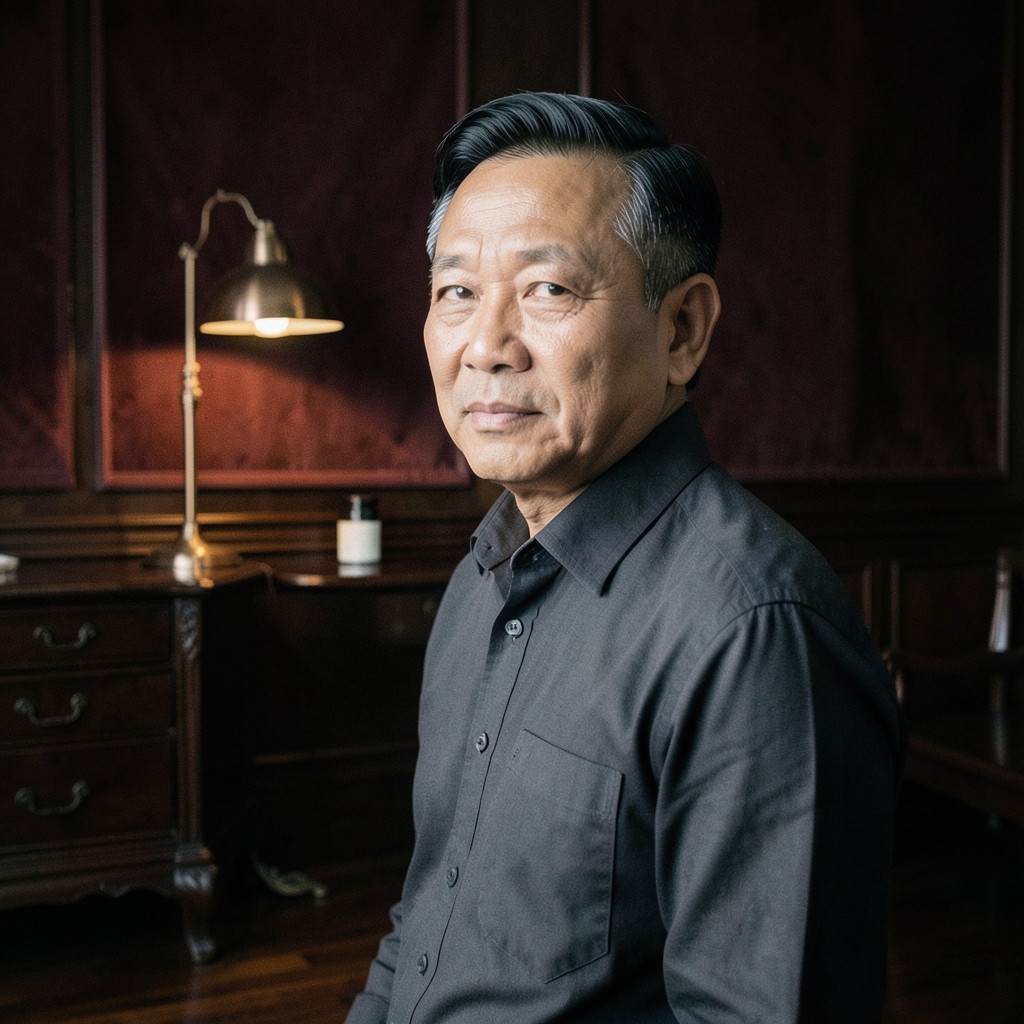 Portrait of a Thai man in his late forties in a dim room with copper light