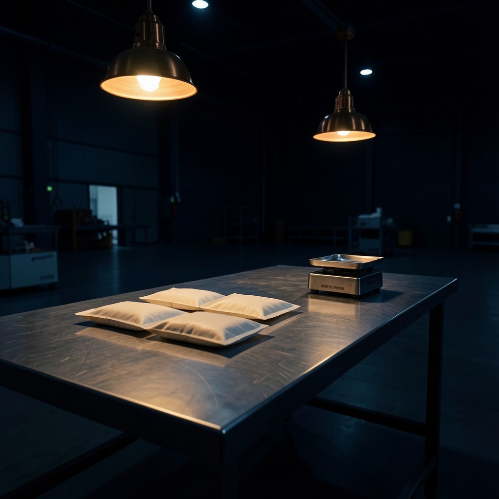A paused food packing line at night with empty pouches and a small scale under copper lights