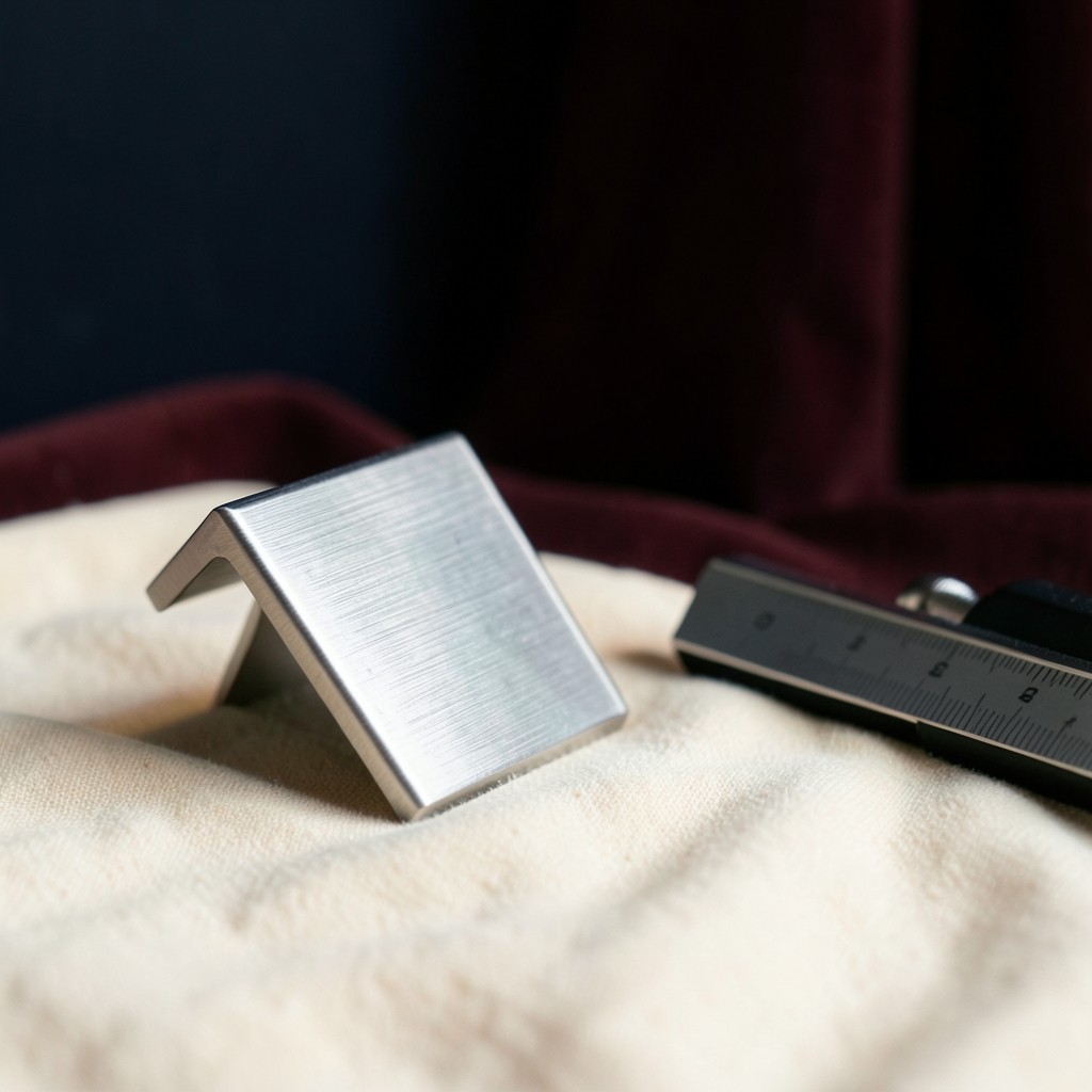 A machined sample bracket on ivory cloth beside a height gauge in a dim room