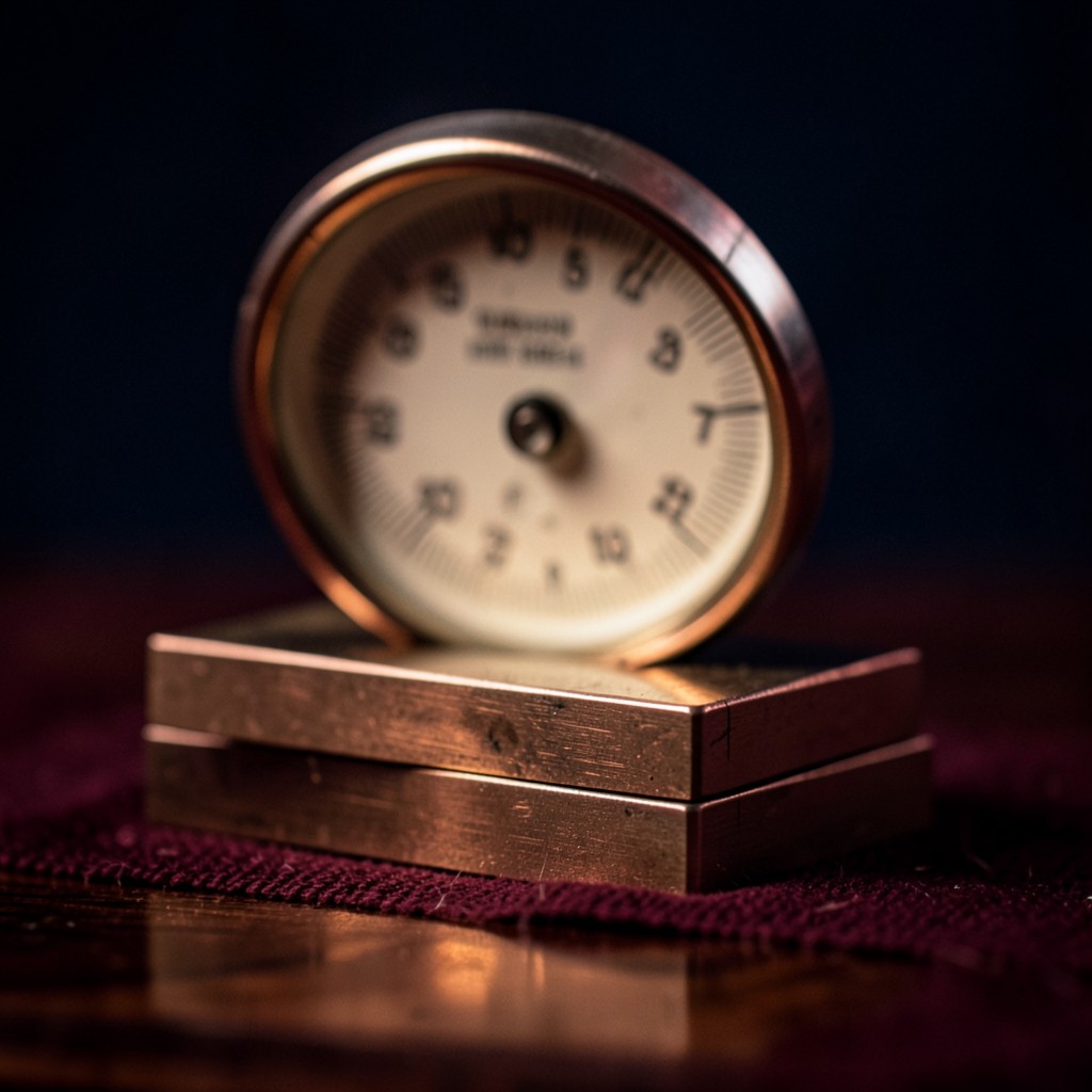 A dial indicator and gauge blocks on dark wood in antique copper light