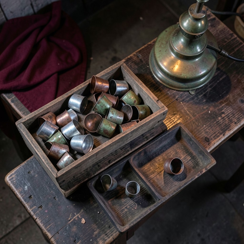 Scrap metal pieces sorted into small wooden trays on a dark bench under a copper lamp