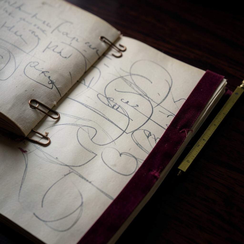 Open cloth-bound folio of charts on dark wood with a burgundy ribbon