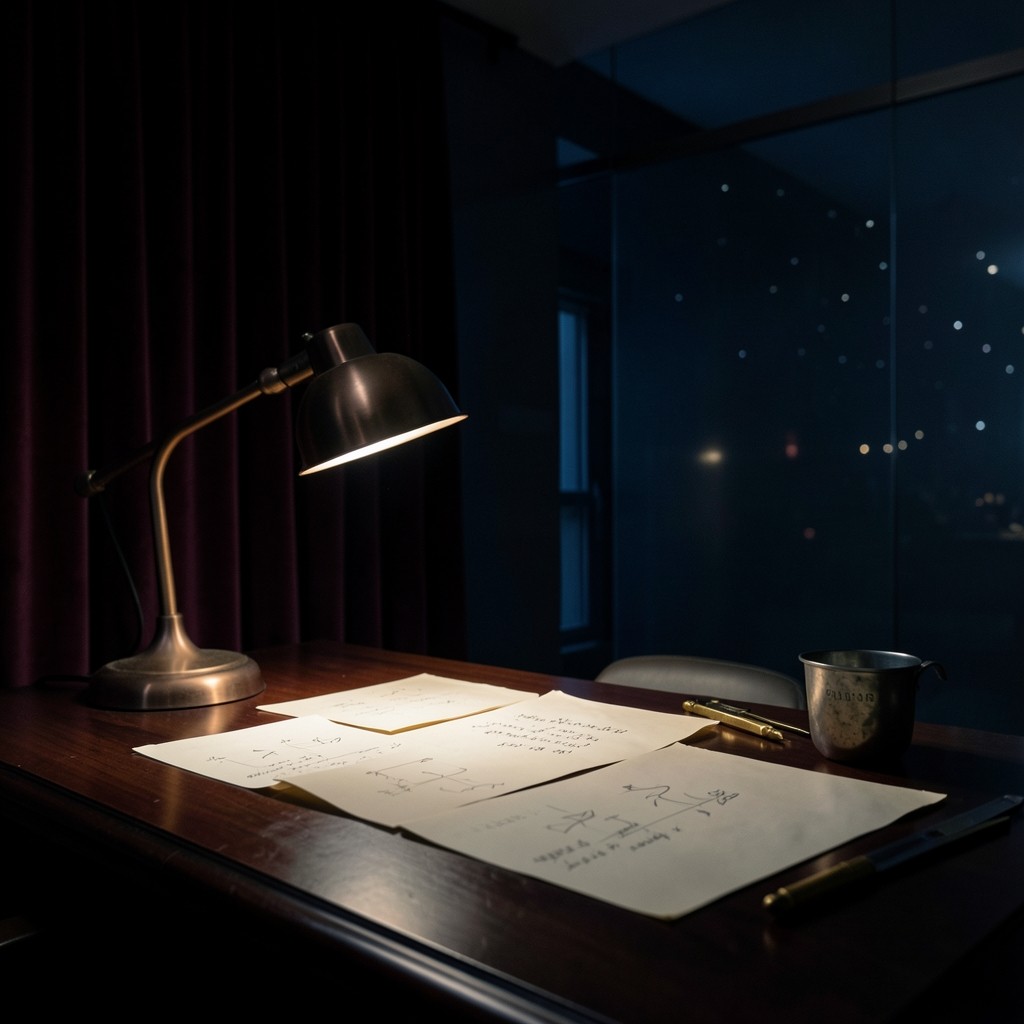 Dim quality office at night with copper light on paper charts, calipers, and a dark wood desk