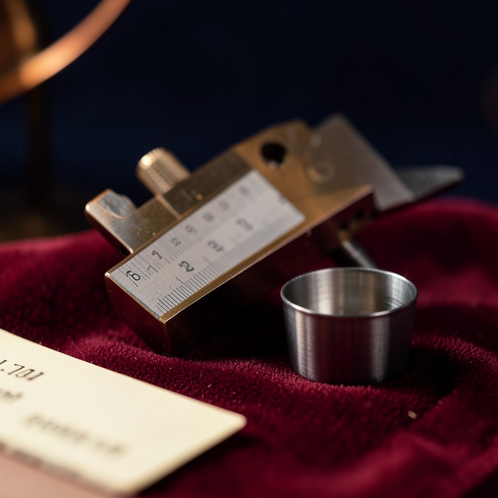 A micrometer measuring a small machined metal cup on burgundy cloth
