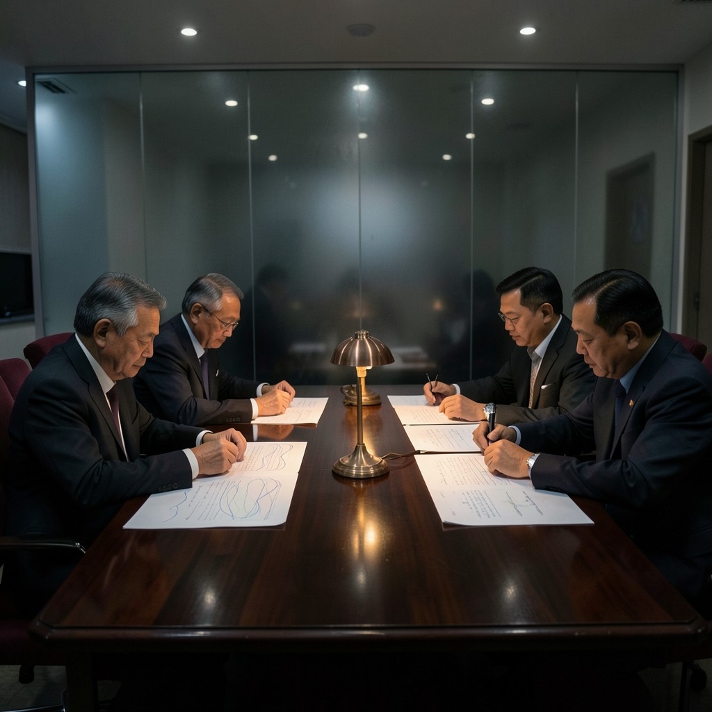 Adult supervisors seated around a dark wood table reading large paper sheets