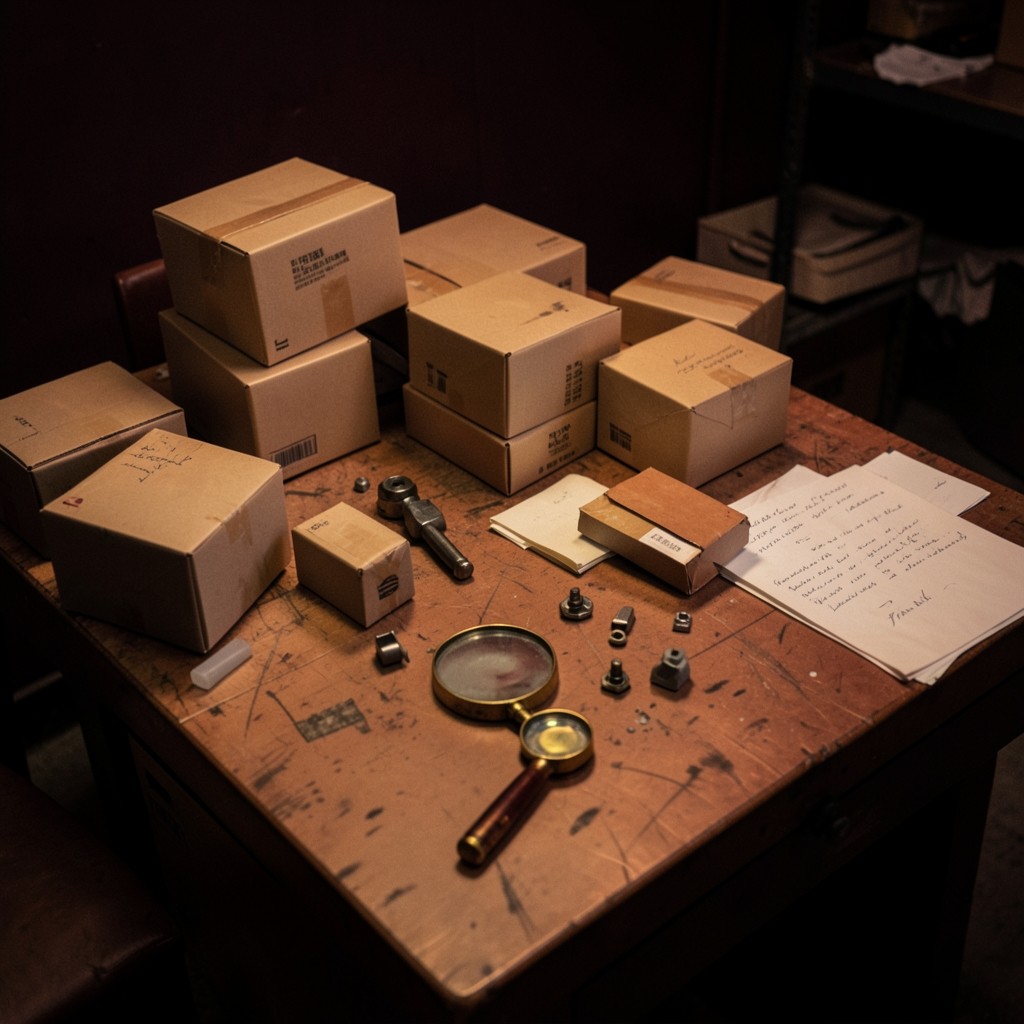 Incoming inspection table with cartons, sample parts, and a magnifier under warm copper light
