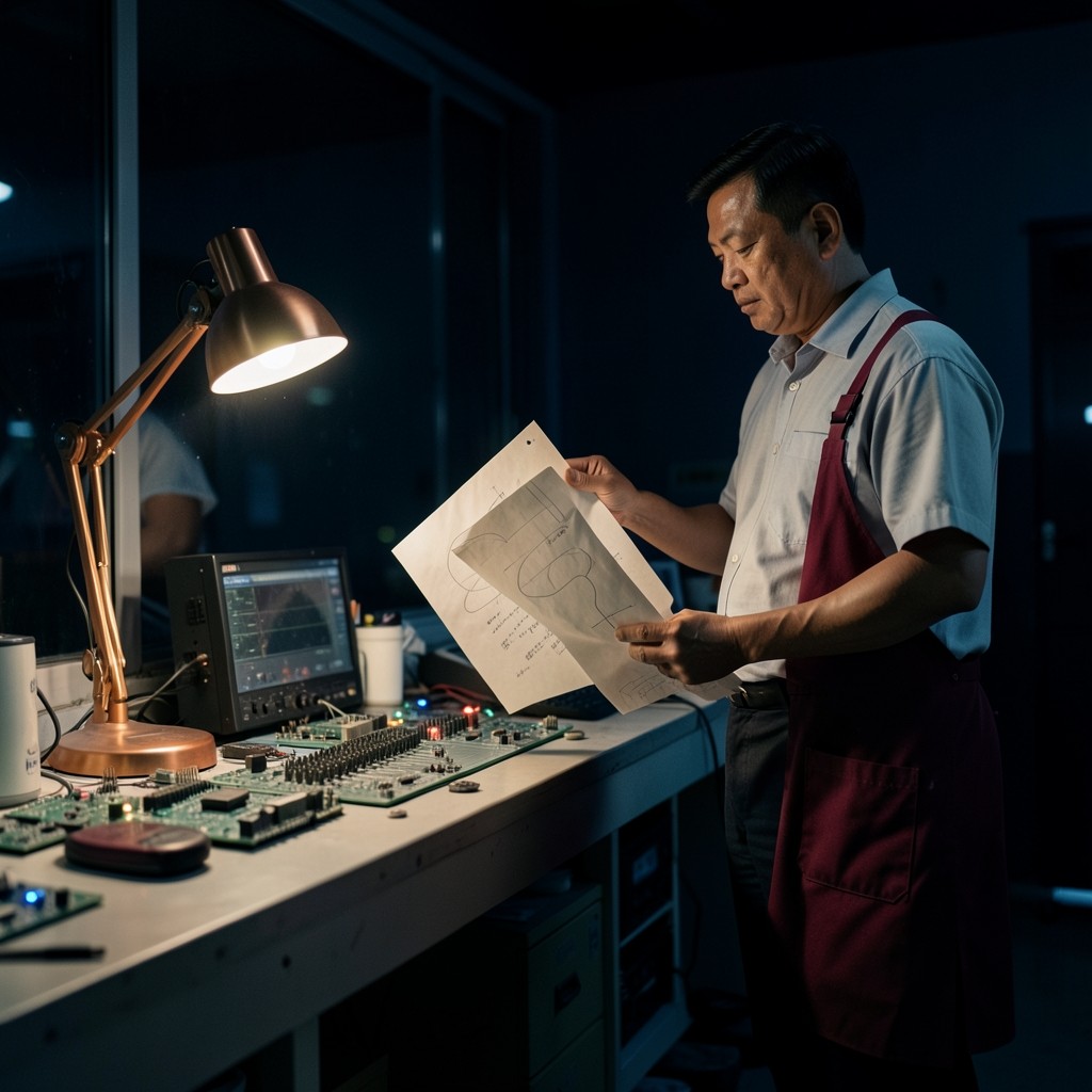 Two adults beside a quiet assembly bench at night, holding paper charts under a copper lamp