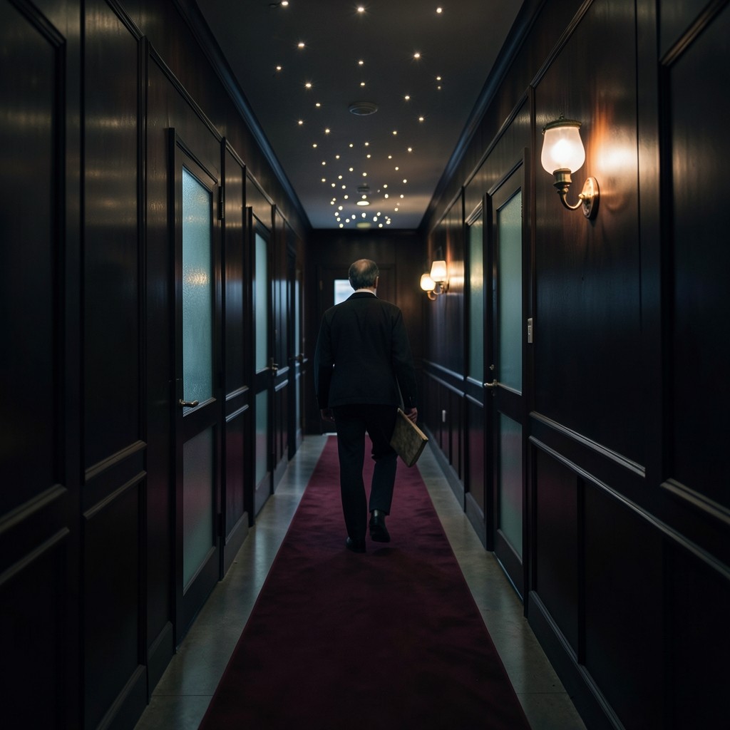 A person carrying a cloth folio down a dark wood factory hallway with a burgundy runner